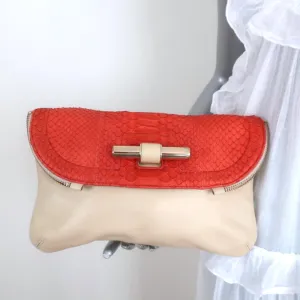 Jimmy Choo Flap Clutch Bicolor Beige Leather & Orange Snakeskin Small Bag