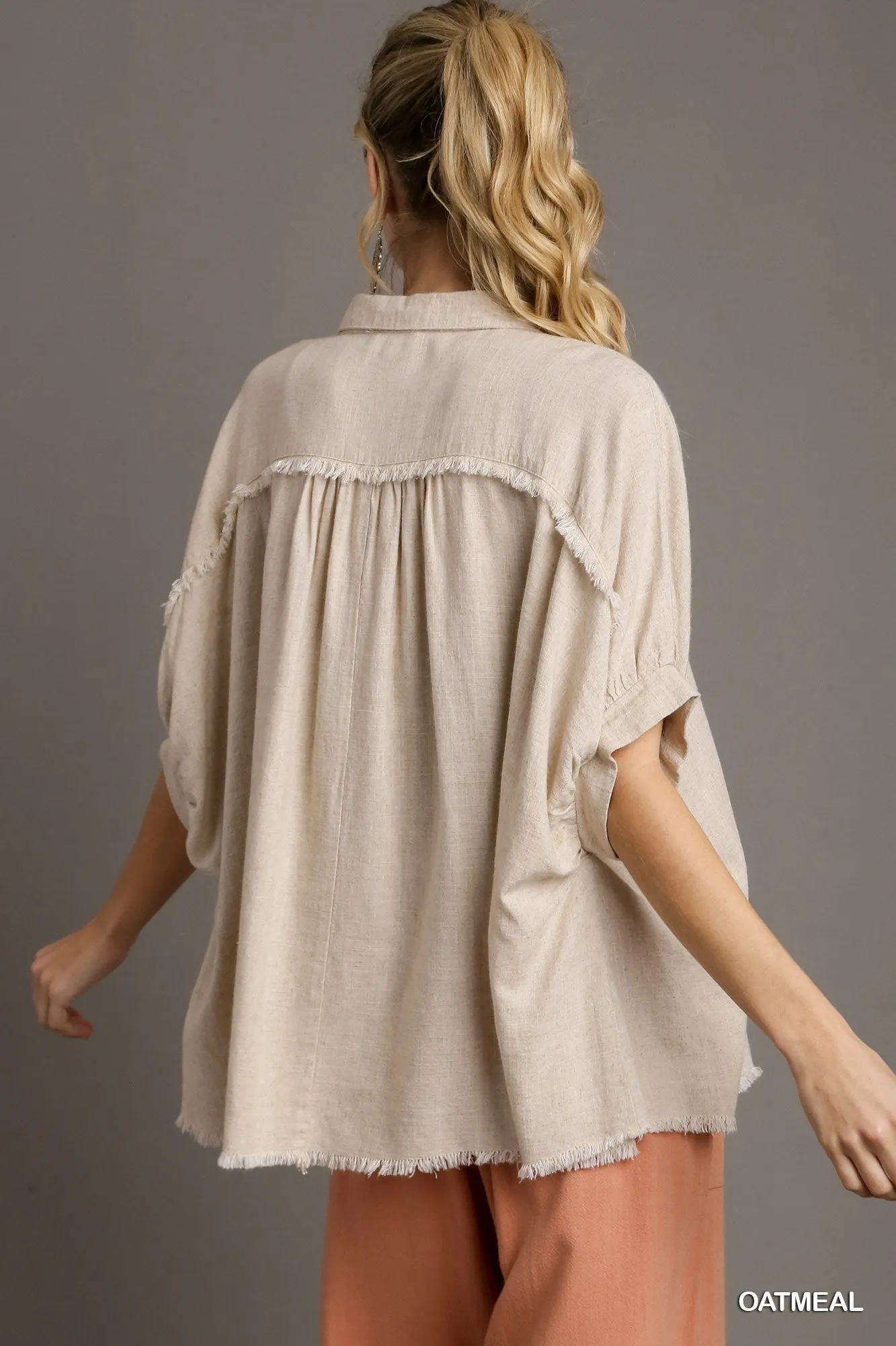 Kelly Linen Boxy Cut Button Down Collared Top In Oatmeal