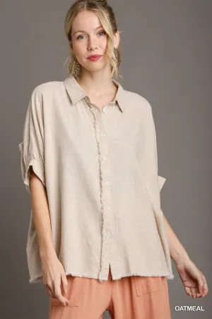 Kelly Linen Boxy Cut Button Down Collared Top In Oatmeal