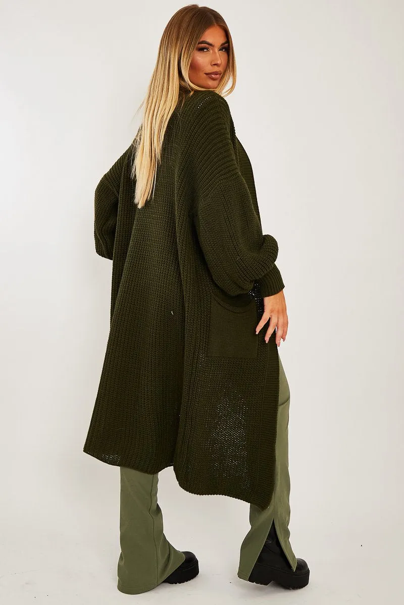 Khaki Balloon Sleeve Maxi Knit Cardigan - Imara