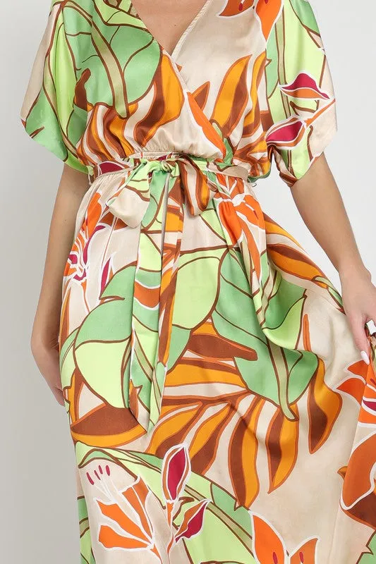Kimono beige/tangerine/green maxi dress