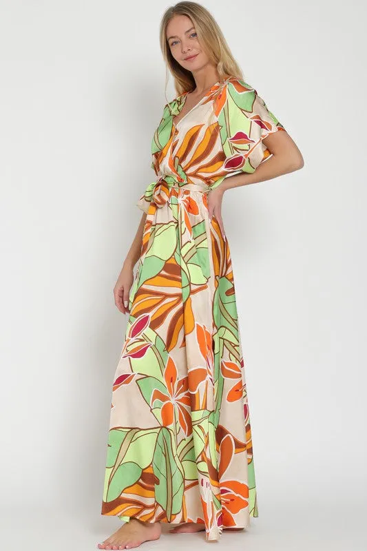Kimono beige/tangerine/green maxi dress
