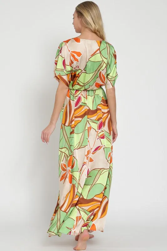 Kimono beige/tangerine/green maxi dress
