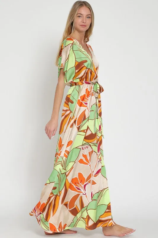 Kimono beige/tangerine/green maxi dress