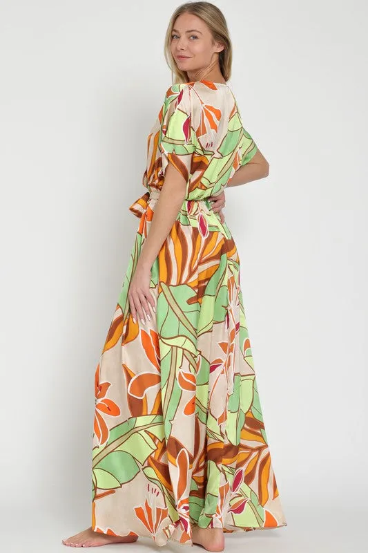 Kimono beige/tangerine/green maxi dress