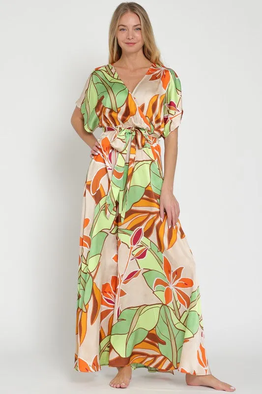 Kimono beige/tangerine/green maxi dress