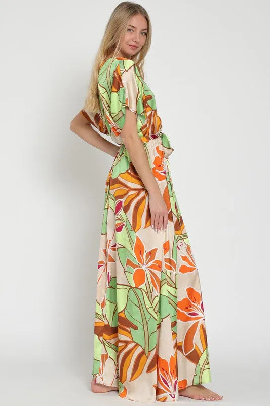 Kimono beige/tangerine/green maxi dress