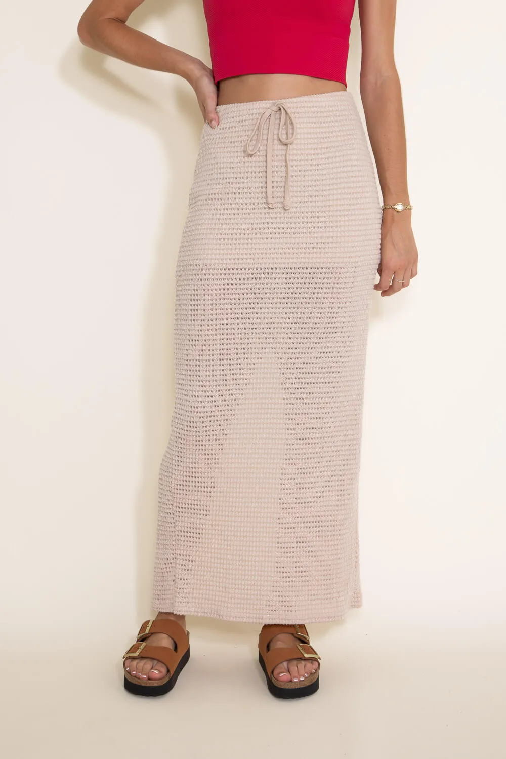 Knit Drawstring Maxi Skirt for Women in Taupe | BK225431-1-TAUPE