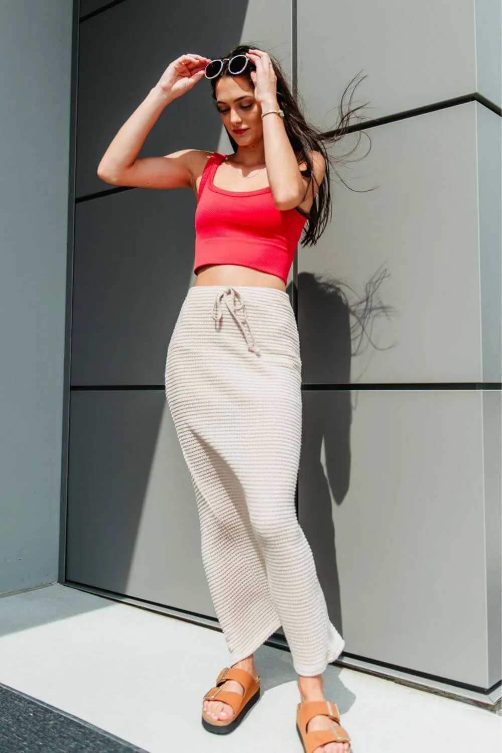 Knit Drawstring Maxi Skirt for Women in Taupe | BK225431-1-TAUPE