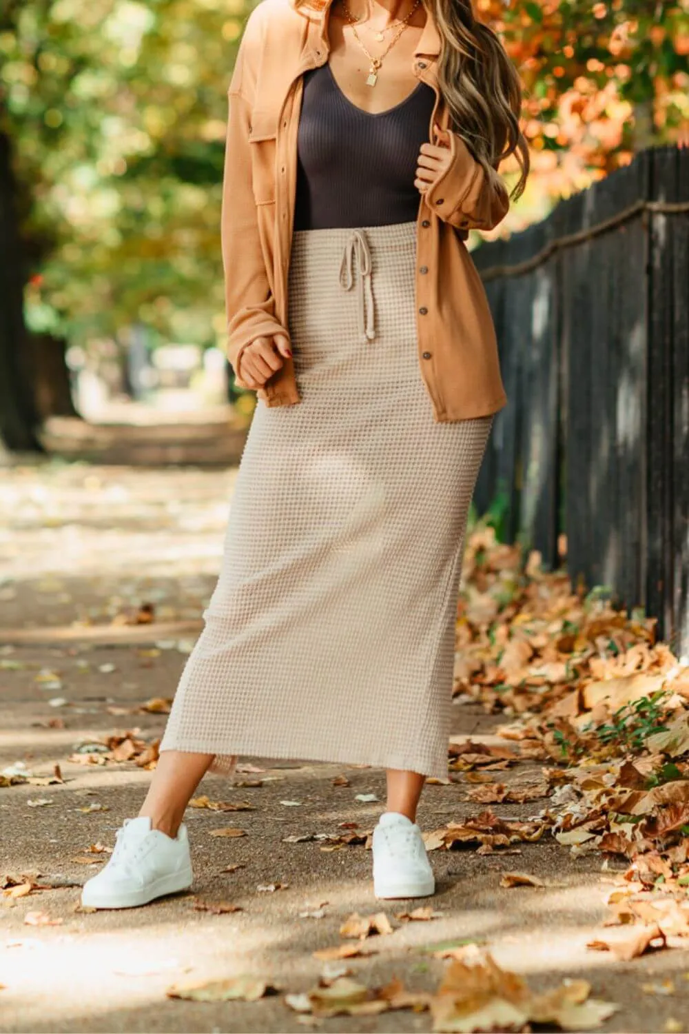 Knit Drawstring Maxi Skirt for Women in Taupe | BK225431-1-TAUPE