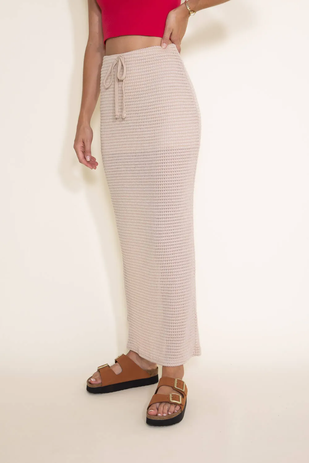 Knit Drawstring Maxi Skirt for Women in Taupe | BK225431-1-TAUPE