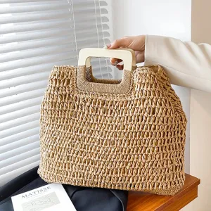 Kumiko Weave Straw Wood Handle Tote