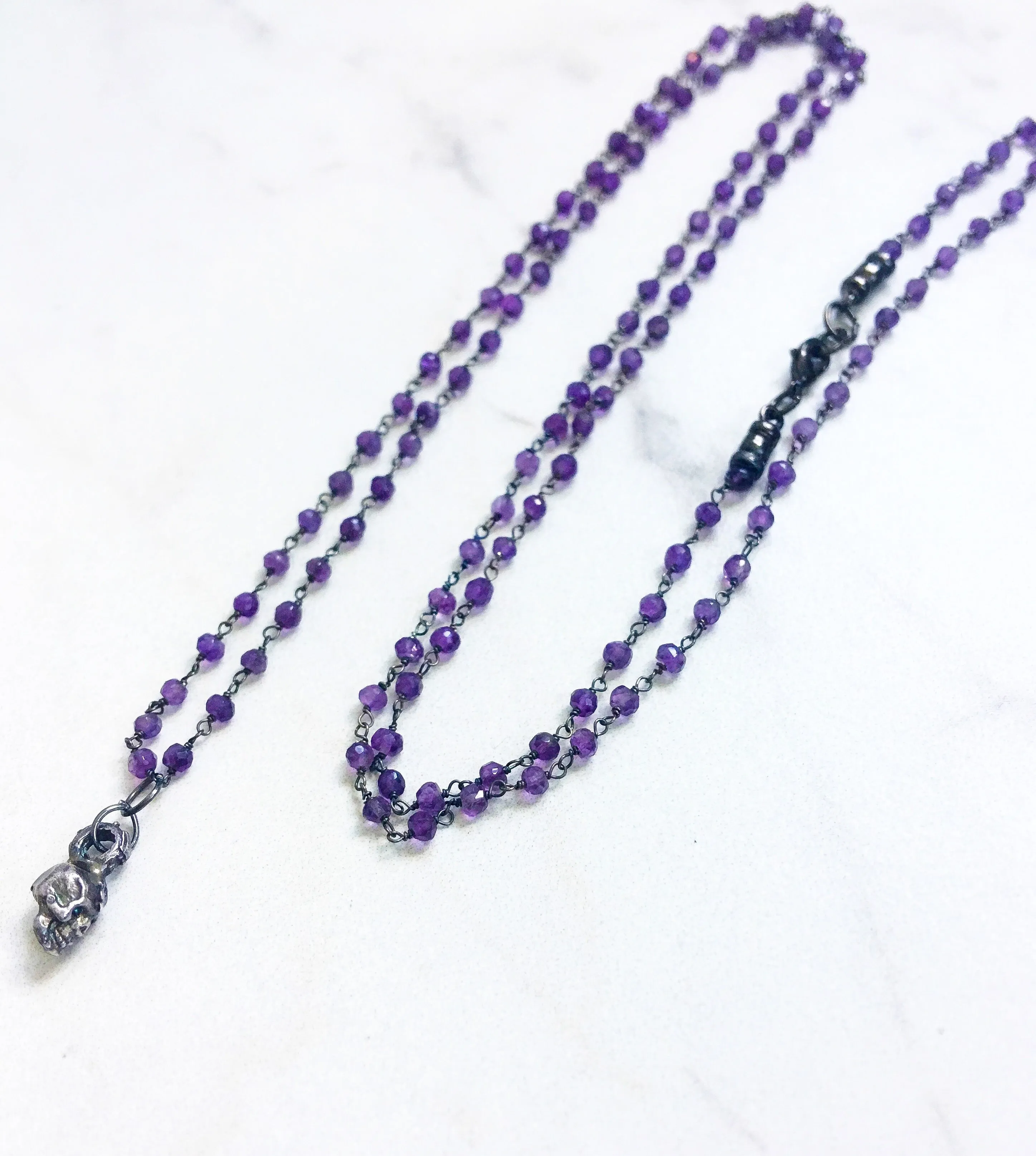Long Amethyst and Sterling Baby Skull Necklace