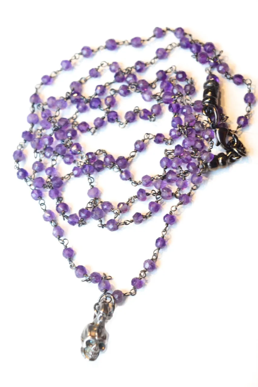 Long Amethyst and Sterling Baby Skull Necklace