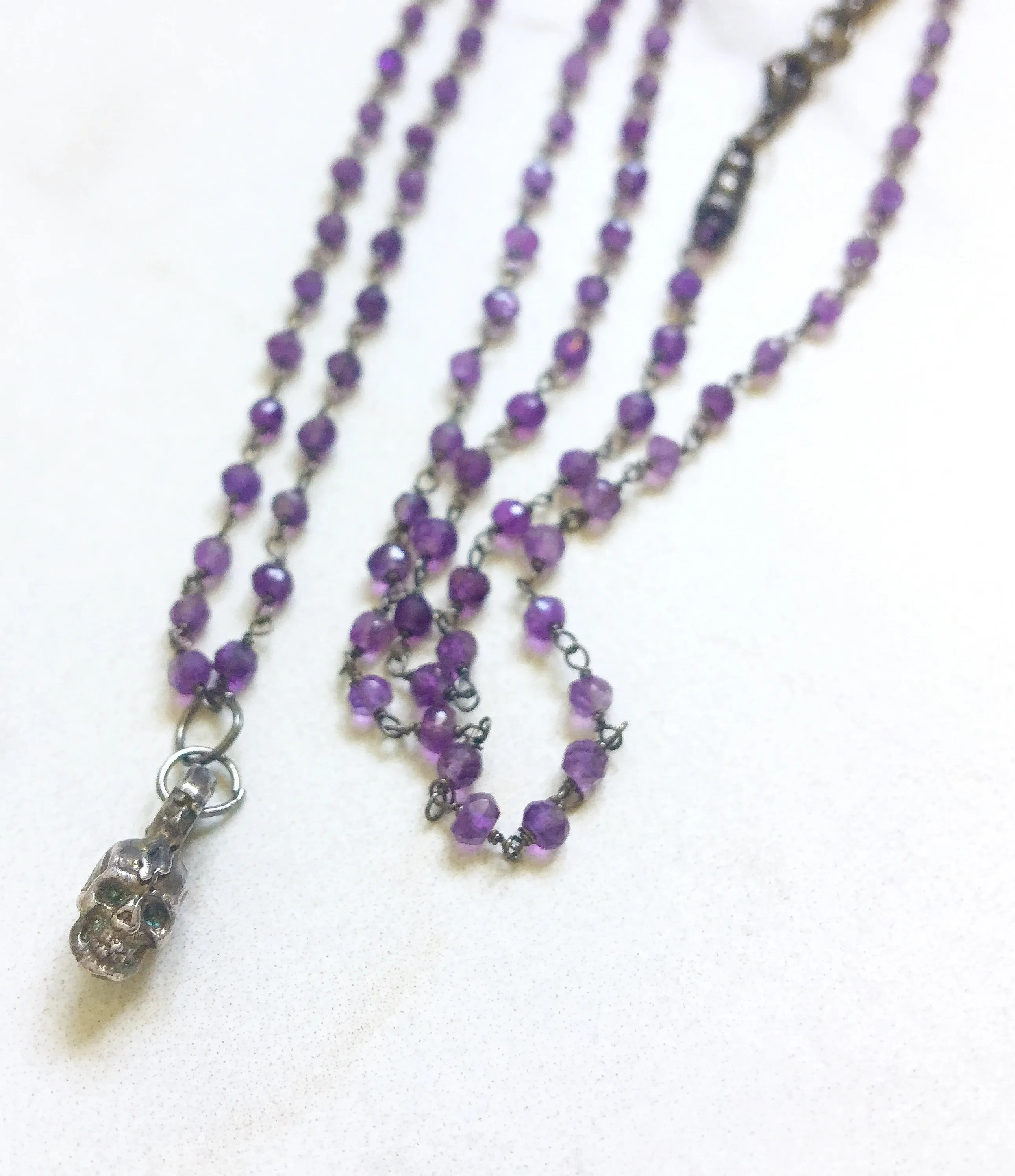 Long Amethyst and Sterling Baby Skull Necklace