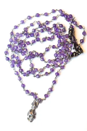 Long Amethyst and Sterling Baby Skull Necklace