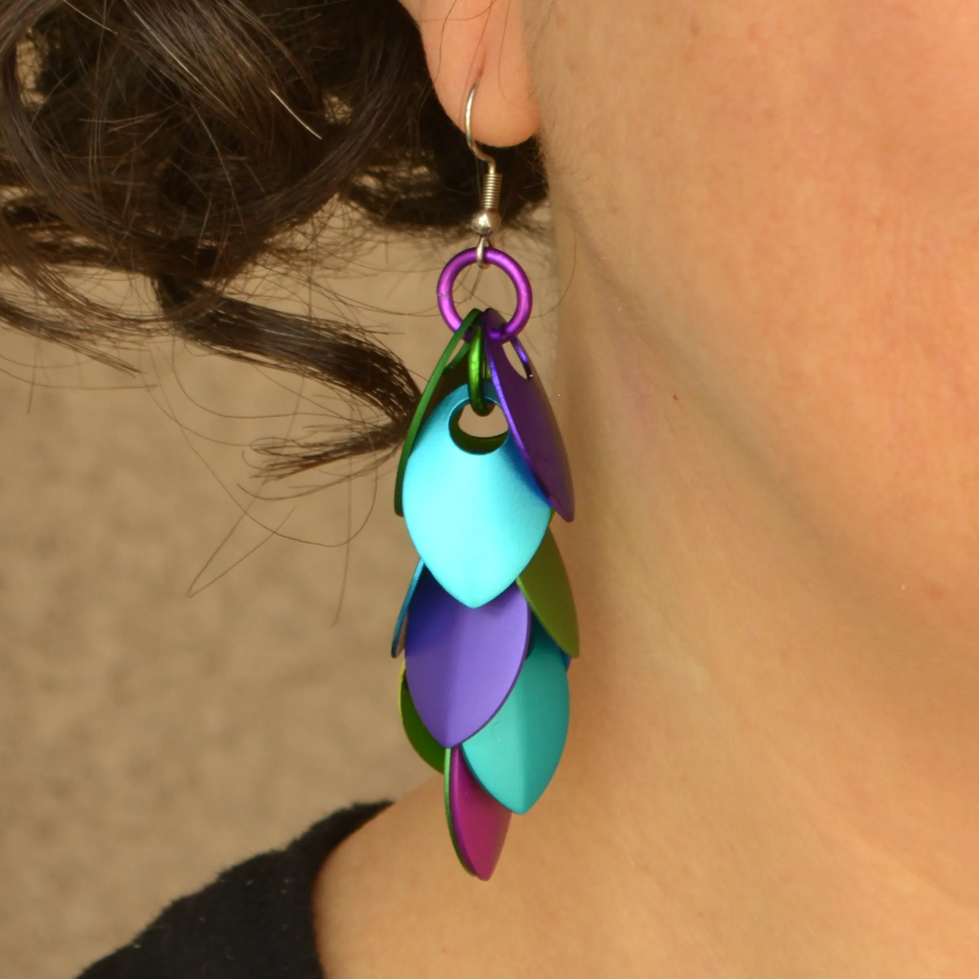 Long Feathered Earrings - Peacock