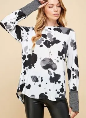 Long Sleeve Cow Print Top