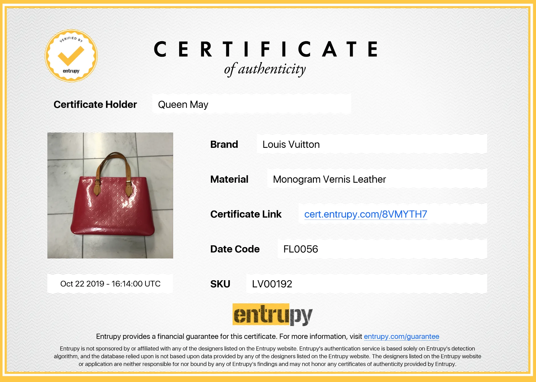LOUIS VUITTON  Vernis Pink Brentwood Tote