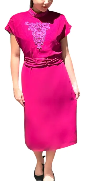 Magenta Magic - Fuschia Pink Strong Shouldered Cap Sleeve Vintage Dress with Lace Emblem Detail