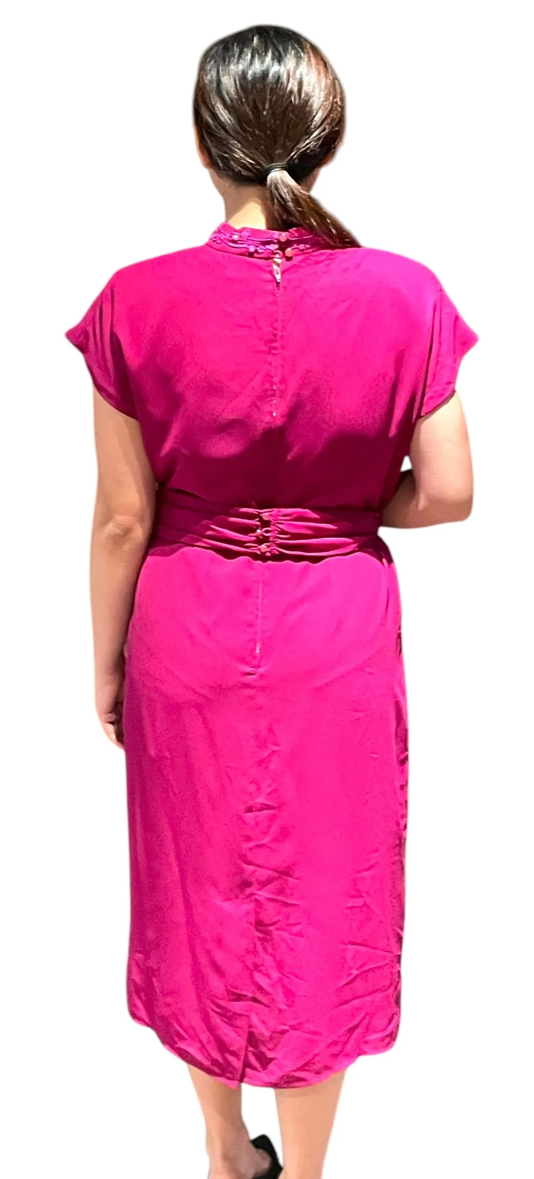Magenta Magic - Fuschia Pink Strong Shouldered Cap Sleeve Vintage Dress with Lace Emblem Detail