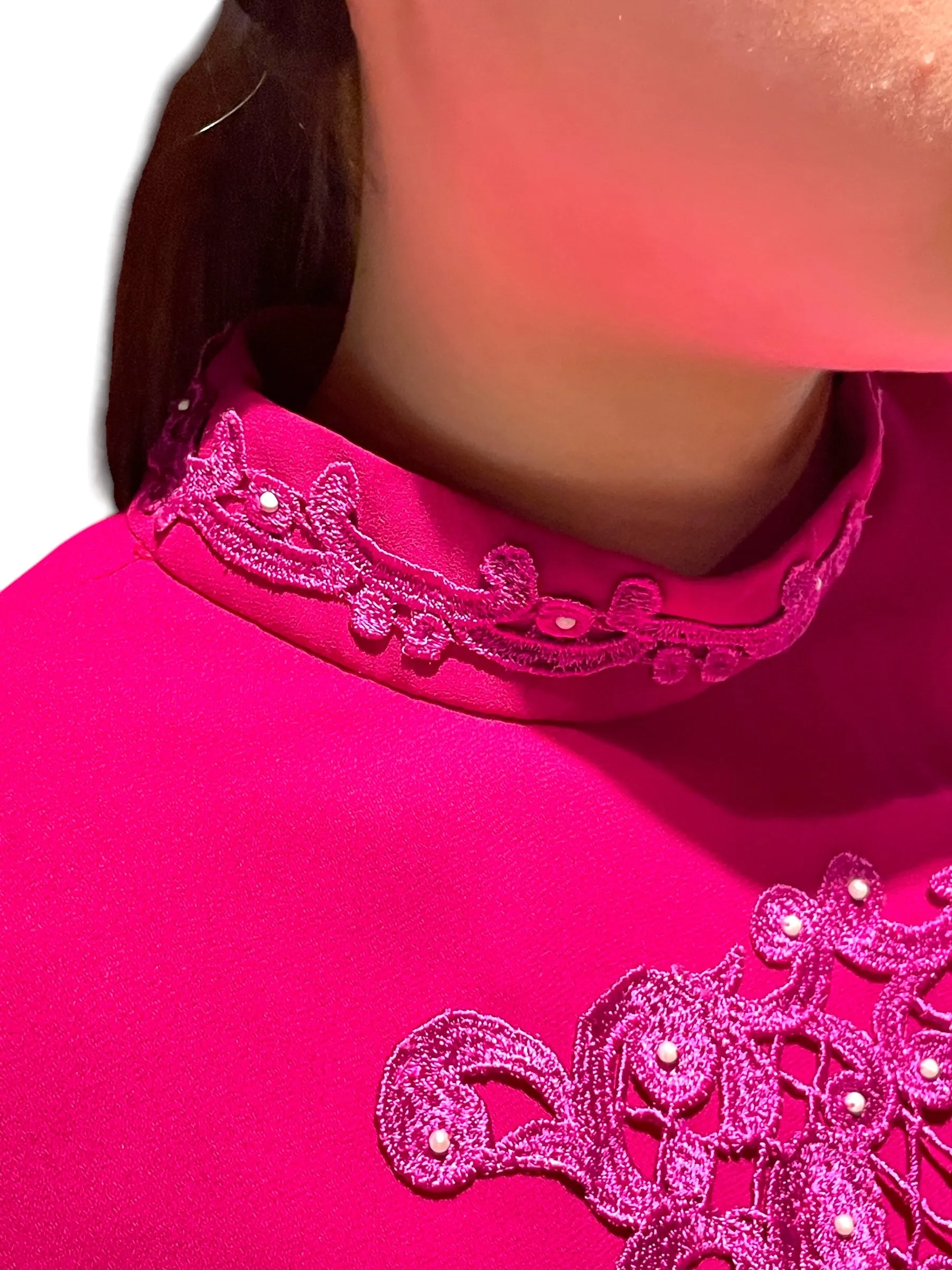 Magenta Magic - Fuschia Pink Strong Shouldered Cap Sleeve Vintage Dress with Lace Emblem Detail