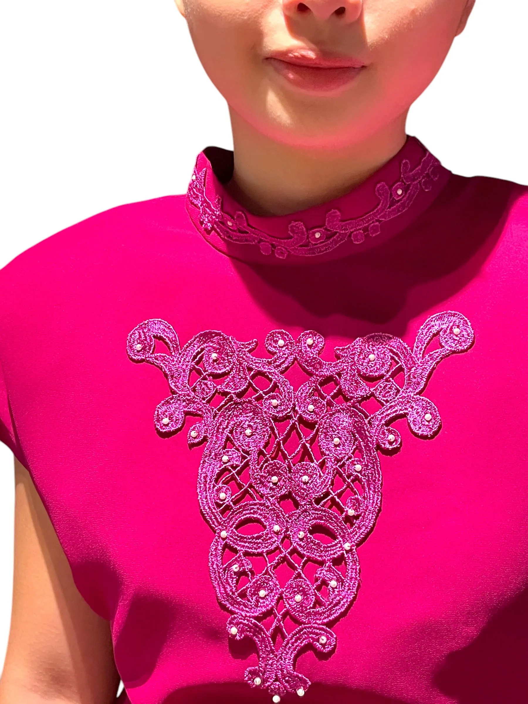 Magenta Magic - Fuschia Pink Strong Shouldered Cap Sleeve Vintage Dress with Lace Emblem Detail