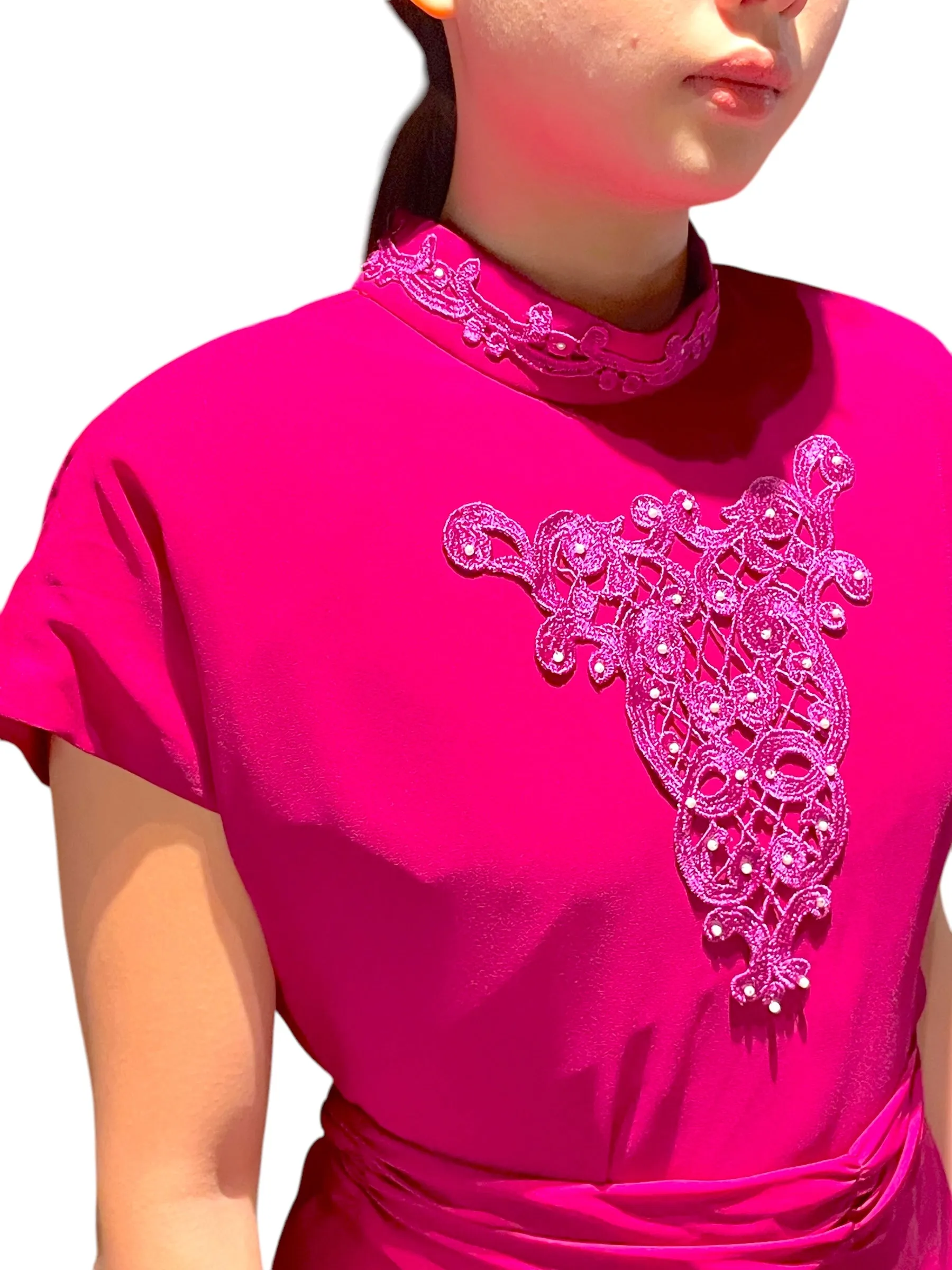 Magenta Magic - Fuschia Pink Strong Shouldered Cap Sleeve Vintage Dress with Lace Emblem Detail