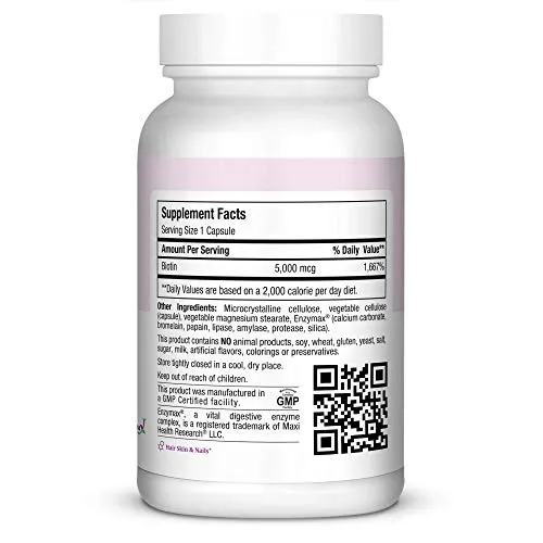 Maxi Health Kosher Vitaminas Maxi Biotina – Fórmula de cabello y piel 5000, 60 unidades – Kosher