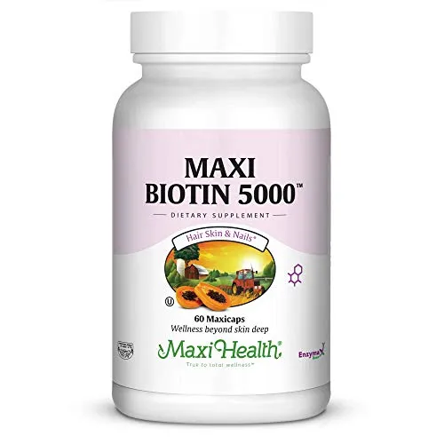 Maxi Health Kosher Vitaminas Maxi Biotina – Fórmula de cabello y piel 5000, 60 unidades – Kosher
