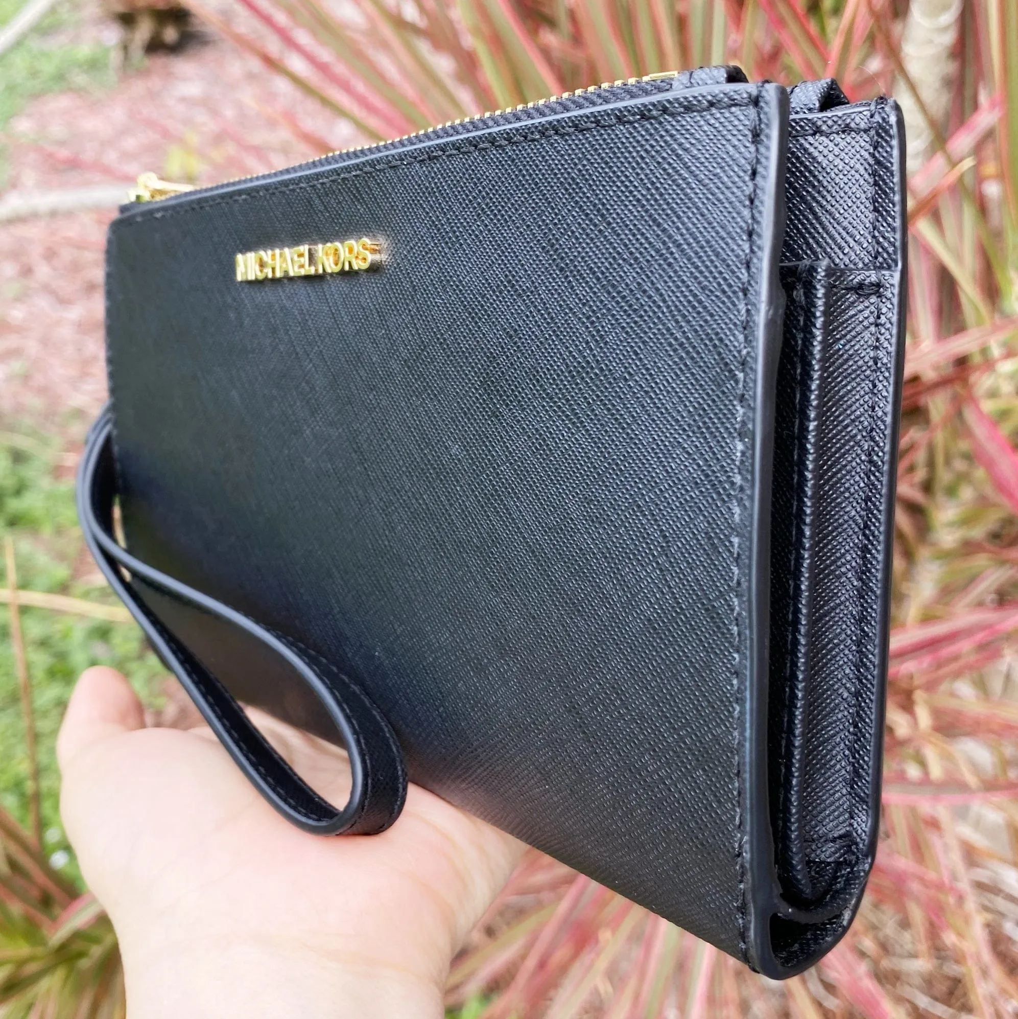 Michael Kors JetSet Travel DoubleZip WristletLeather PhoneCase Wallet Black