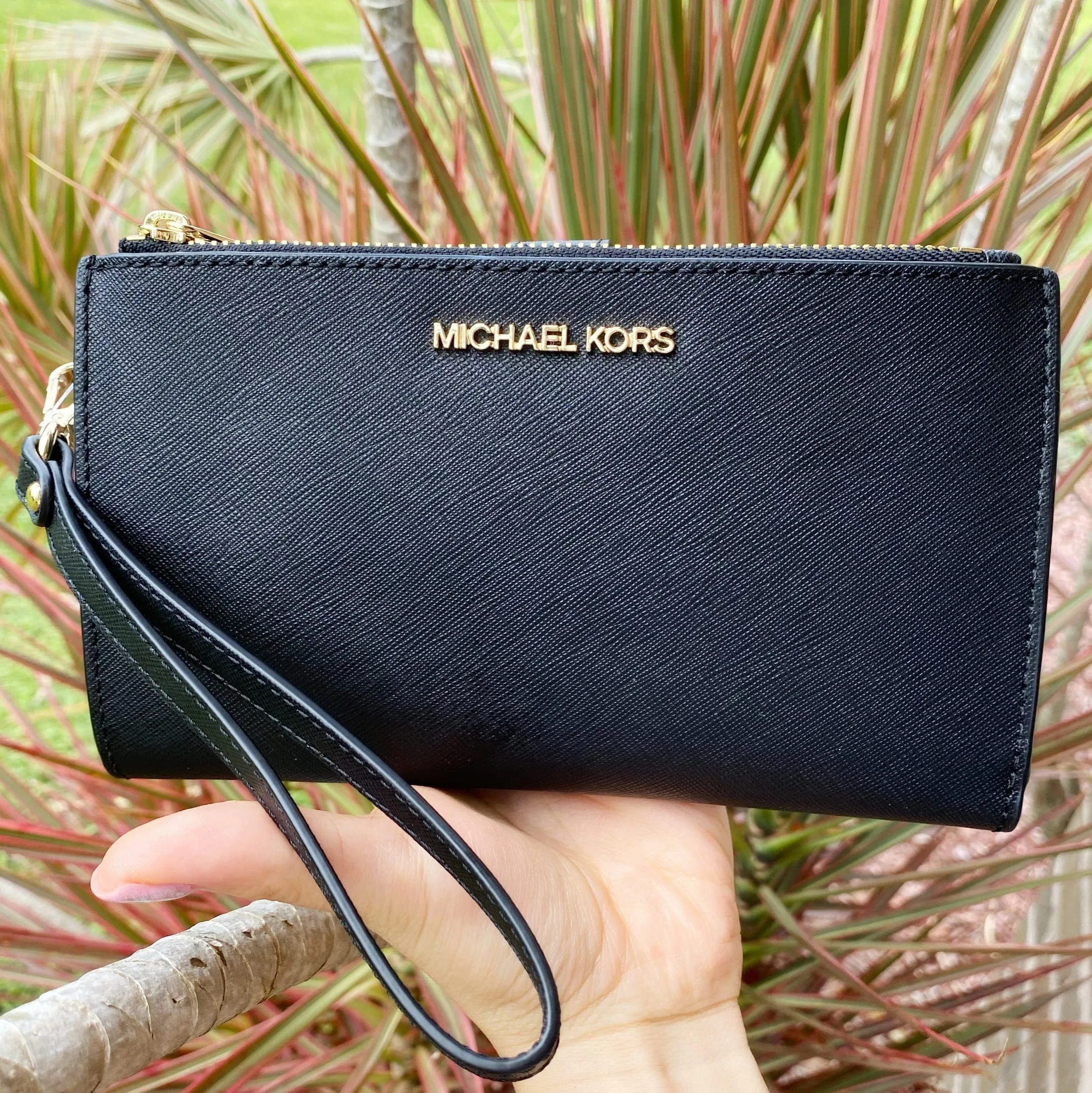 Michael Kors JetSet Travel DoubleZip WristletLeather PhoneCase Wallet Black