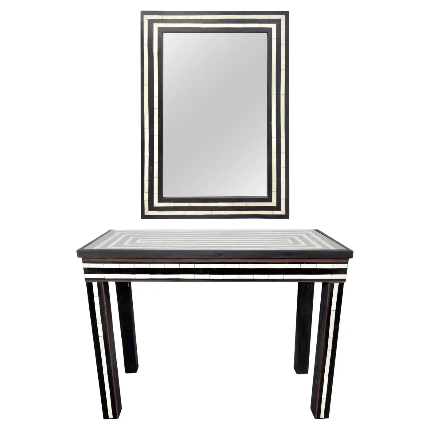 Mid-Century Modern Resin Black & White Console & Mirror a Set 2 pcs