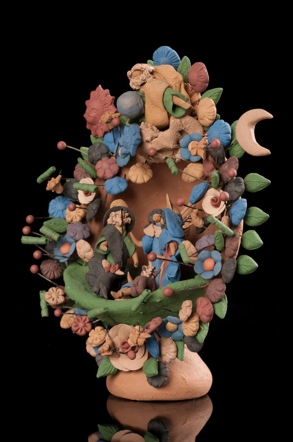 Miniatre Mexican Clay Tree of Life Nativity from Metepec