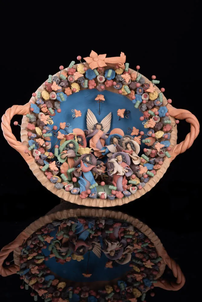 Miniature Clay Nativity in a Pot Mexican Folk Art from Metepec