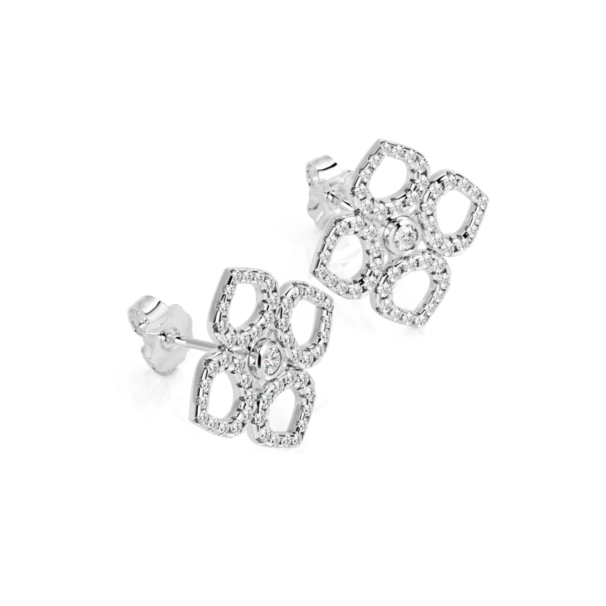 Mirror Reflection Double Halo Earrings 1 Natural Diamonds in White Gold