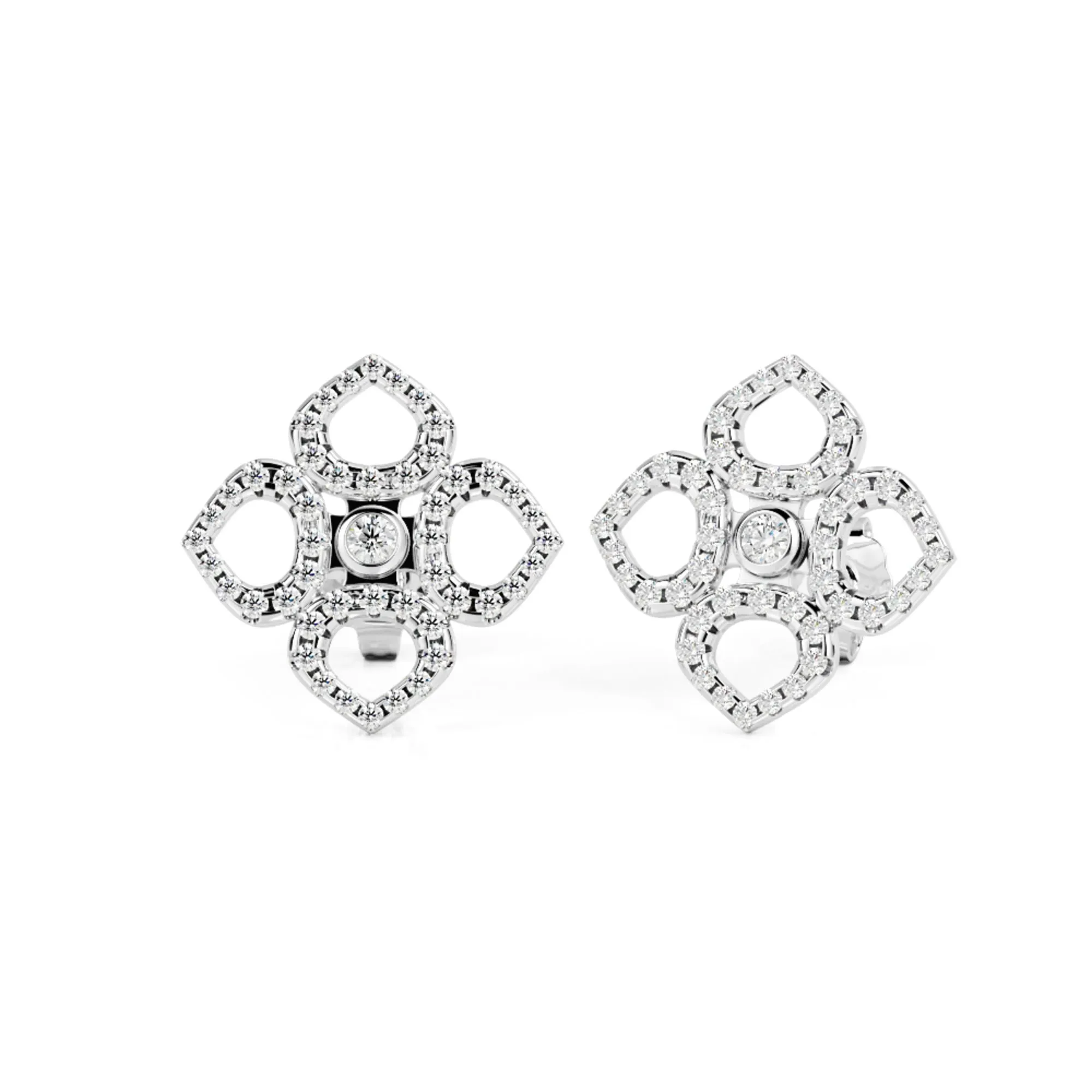 Mirror Reflection Double Halo Earrings 1 Natural Diamonds in White Gold