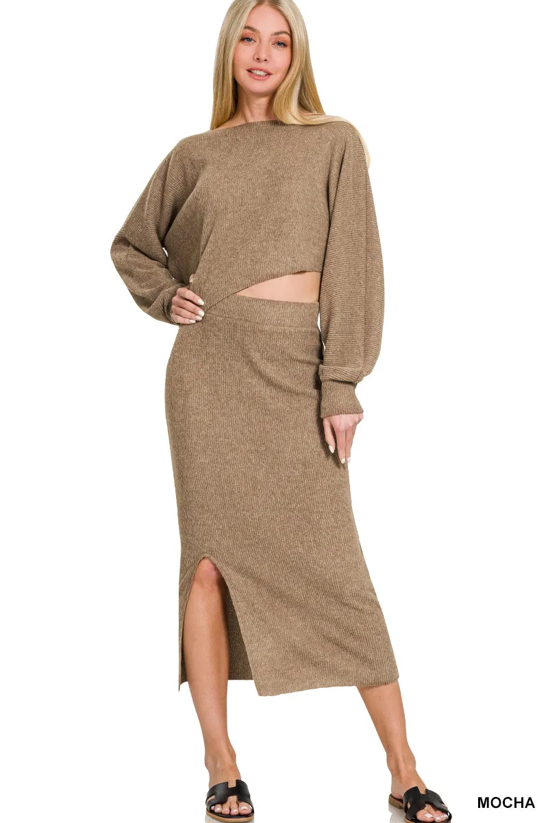 Mocha Midi Skirt Asymmetrical Sweater Set