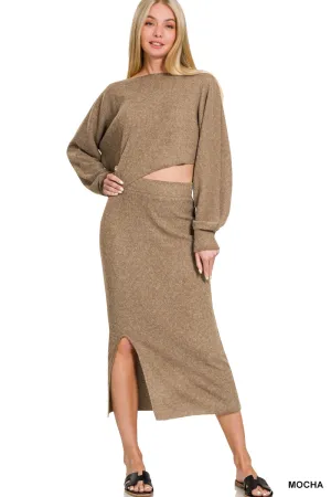 Mocha Midi Skirt Asymmetrical Sweater Set