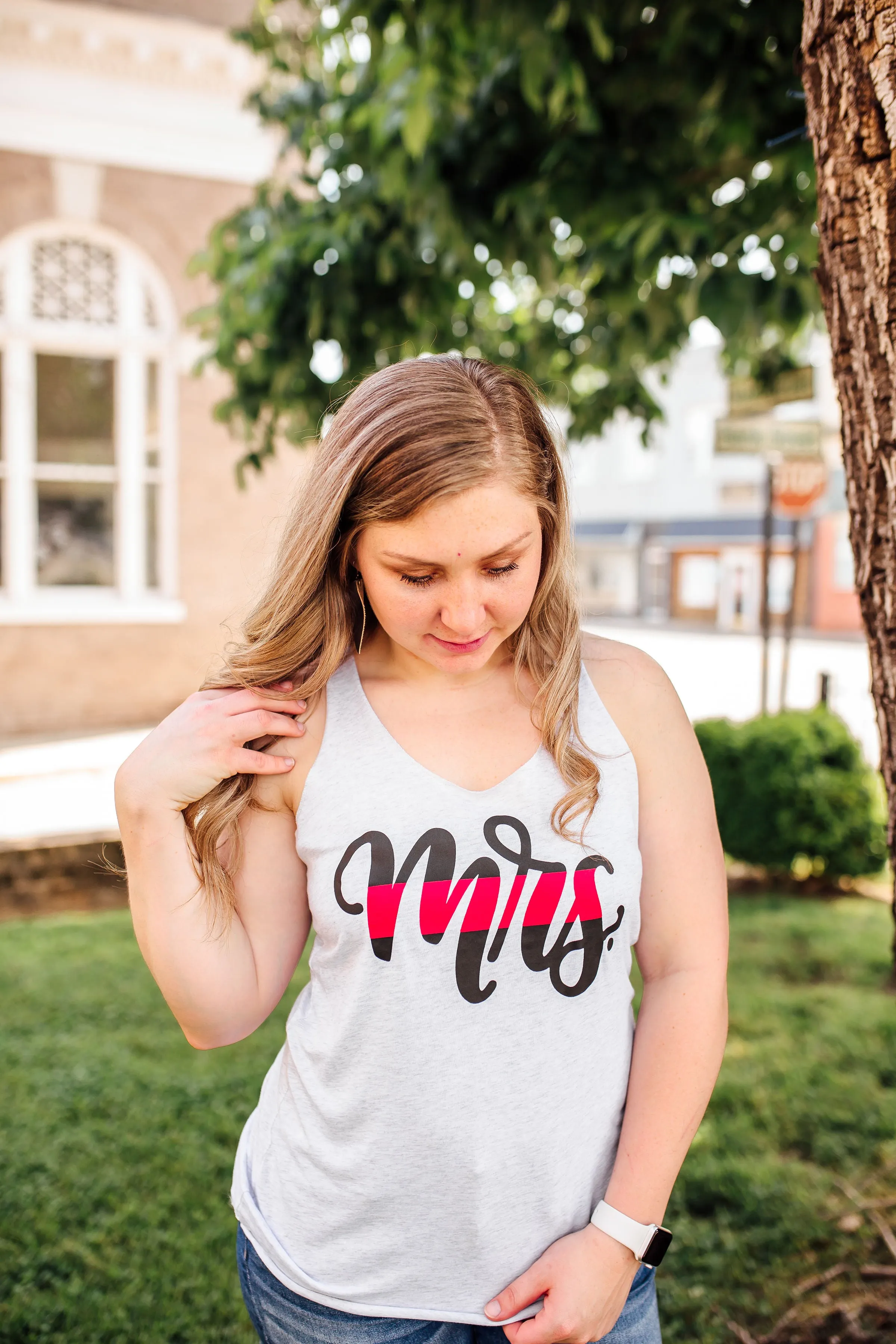 MRS Script © Ladies Triblend Racerback Tank (Heather White   Thin Red Line)