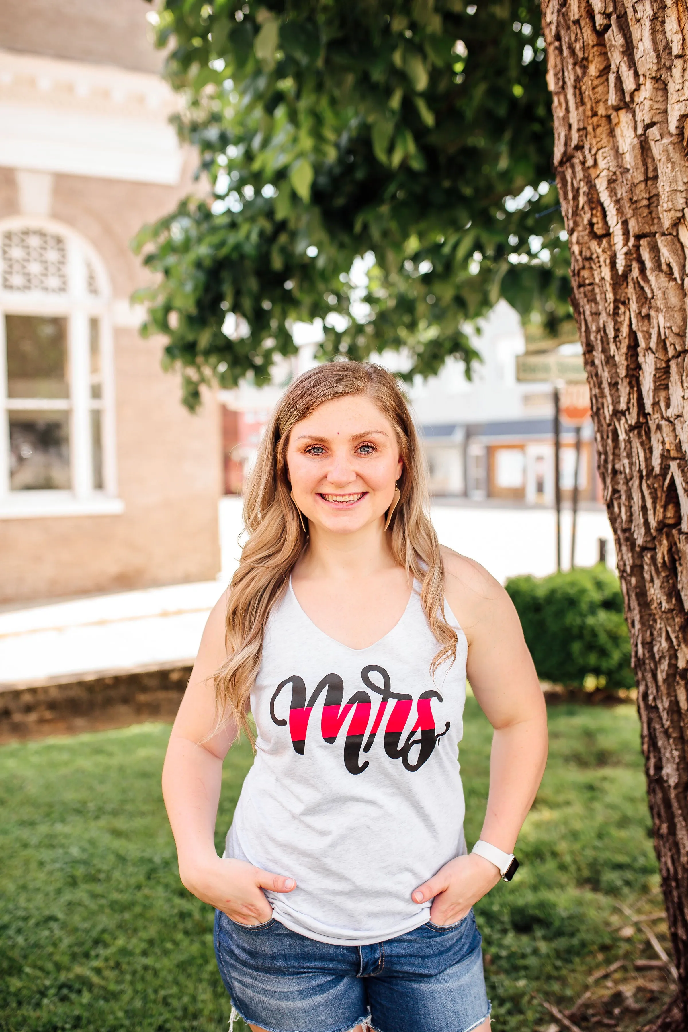 MRS Script © Ladies Triblend Racerback Tank (Heather White   Thin Red Line)