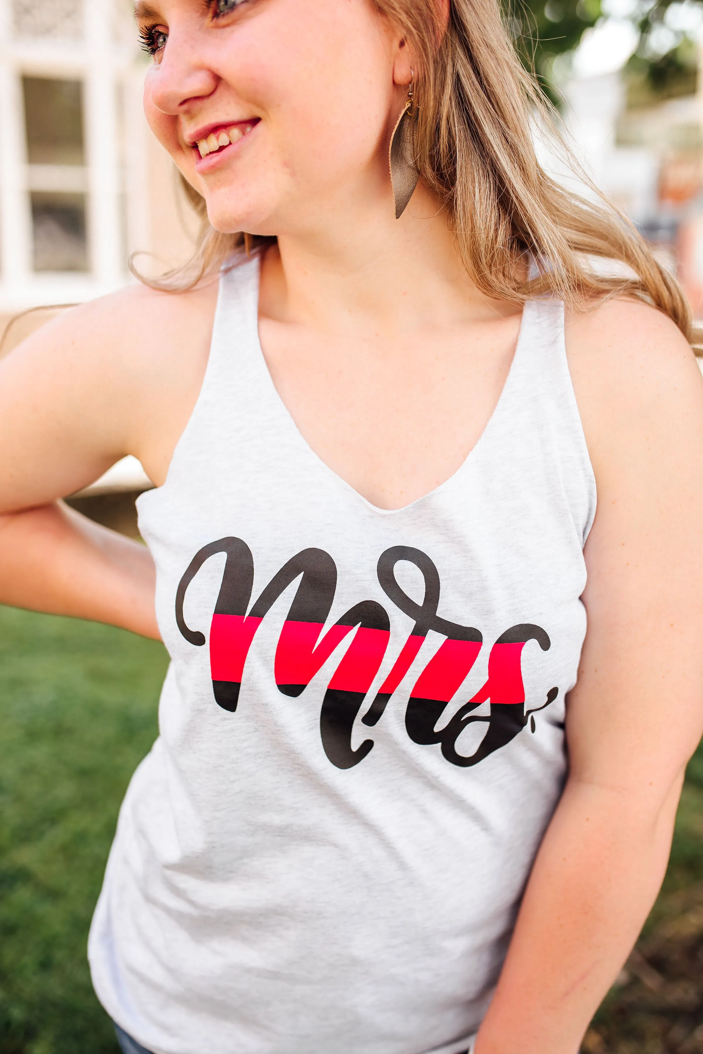 MRS Script © Ladies Triblend Racerback Tank (Heather White   Thin Red Line)