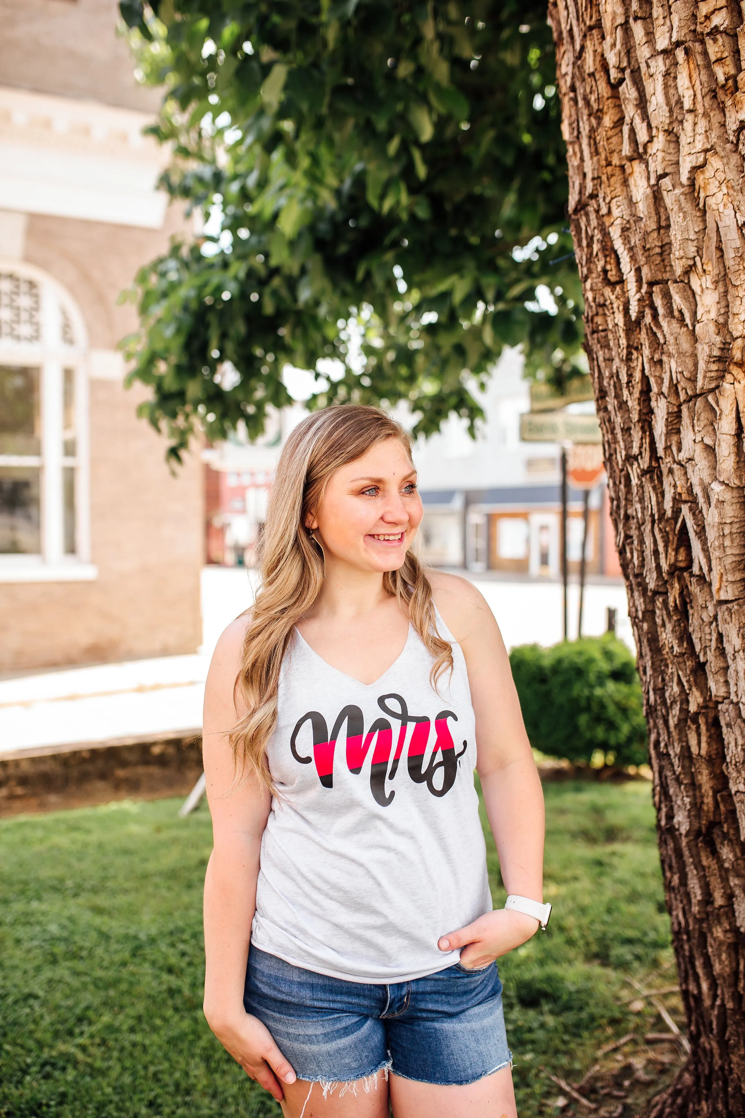 MRS Script © Ladies Triblend Racerback Tank (Heather White   Thin Red Line)