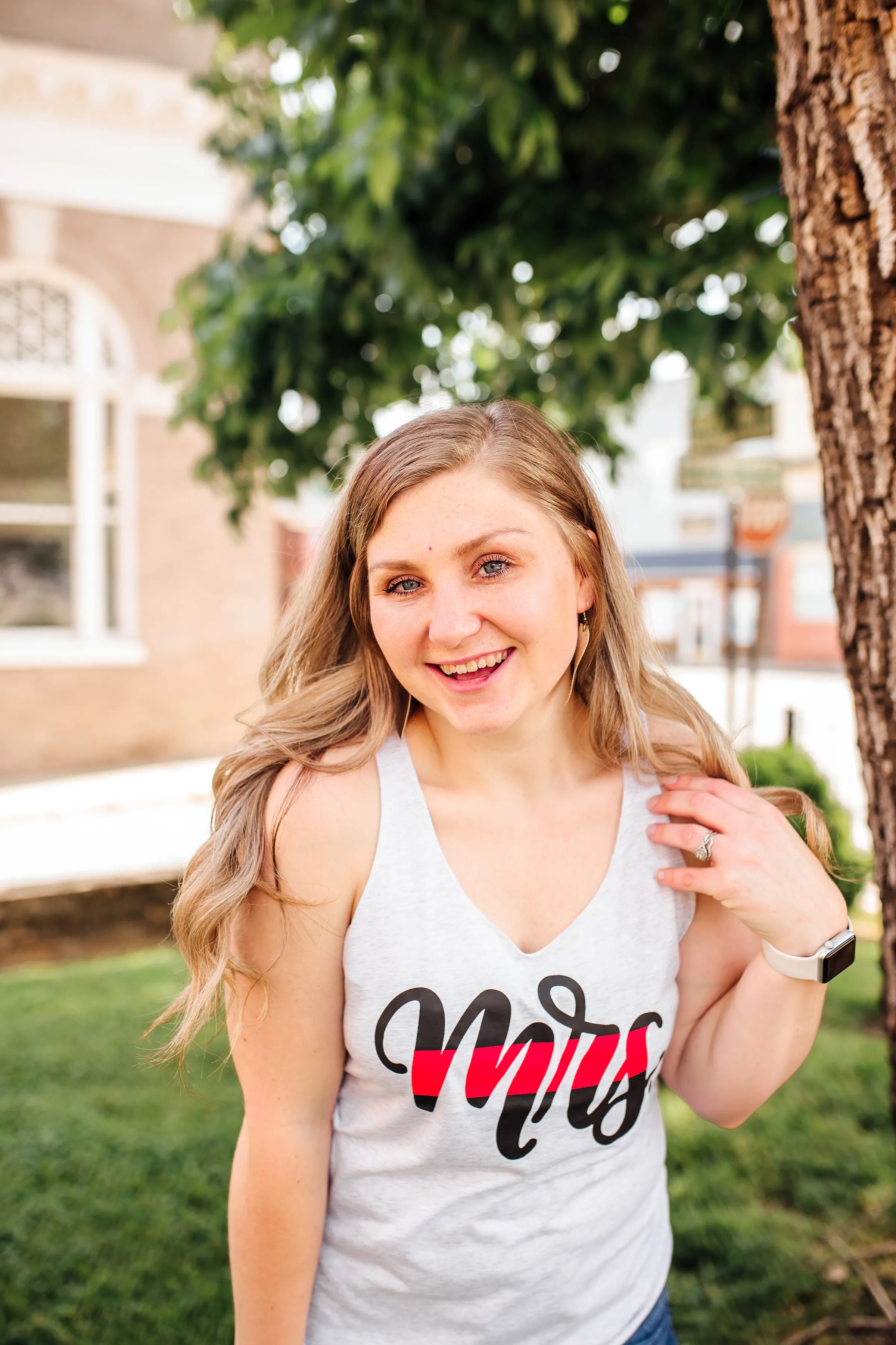 MRS Script © Ladies Triblend Racerback Tank (Heather White   Thin Red Line)