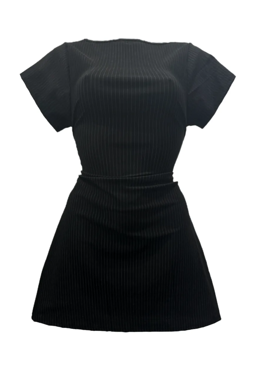 MULTIWAY BLACK PINSTRIPE CAP SLEEVED CINCH MINI DRESS *COMING SOON*