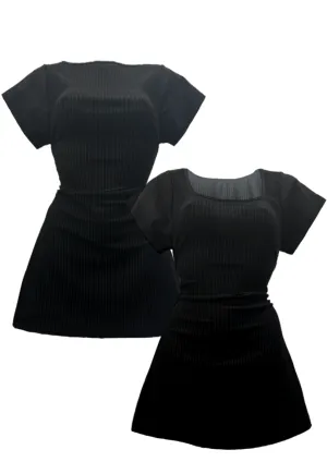 MULTIWAY BLACK PINSTRIPE CAP SLEEVED CINCH MINI DRESS *COMING SOON*