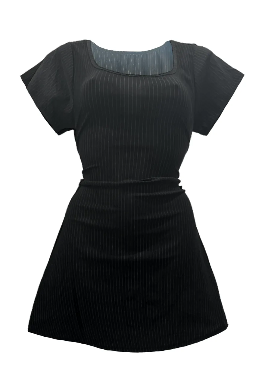 MULTIWAY BLACK PINSTRIPE CAP SLEEVED CINCH MINI DRESS *COMING SOON*