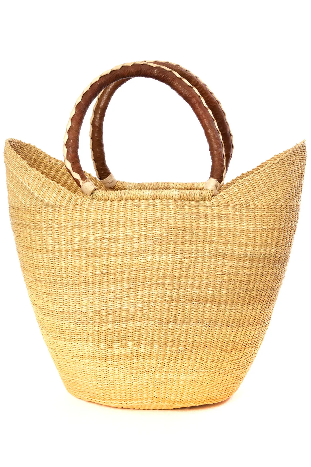 Natural Ghanaian Wing Shopper with Braided Brown Leather Handles