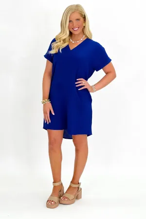 Navy Woven V-Neck Hidden Pocket Dress