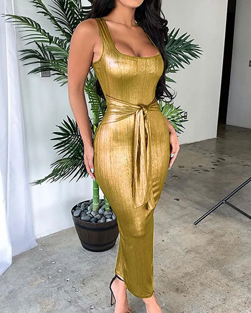 Nefertiti - Golden Front Tie Ribbed Maxi Dress
